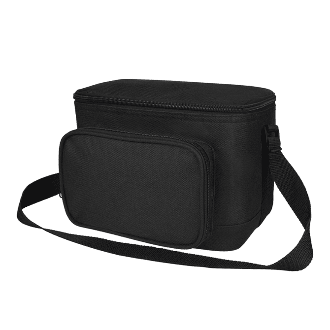 A black cooler bag with a front zippered pocket and an adjustable shoulder strap, featuring a logo.