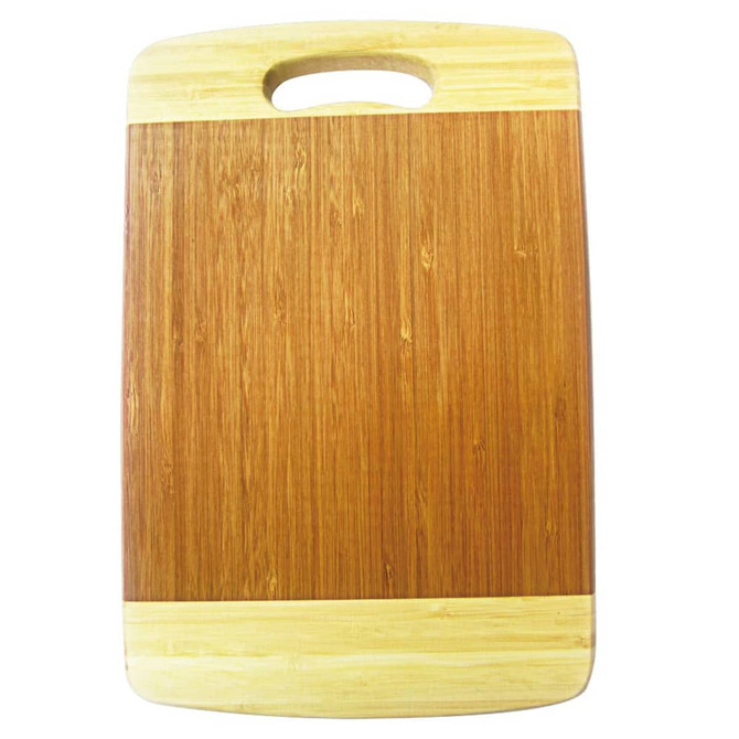 A bamboo chopping board featuring a smooth, two-toned design with a handle for easy carrying.