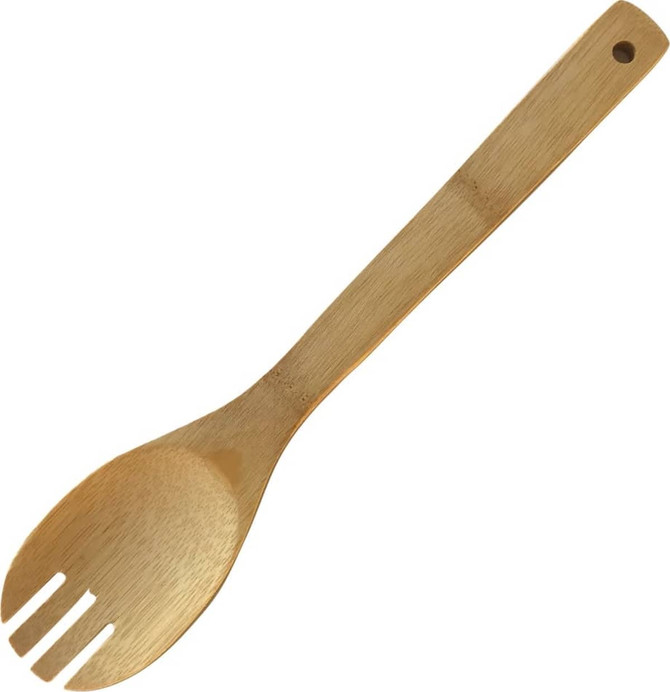 A bamboo serving fork with a smooth finish and a hole at the end of the handle for hanging.