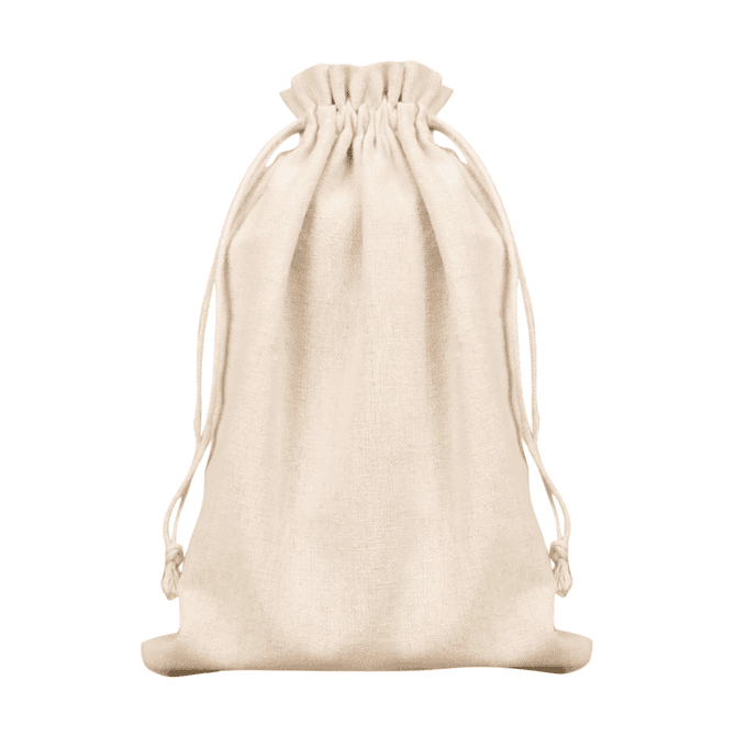 A beige drawstring pouch made of fabric, featuring a cinched top for closure. It has a simple, unembellished design.