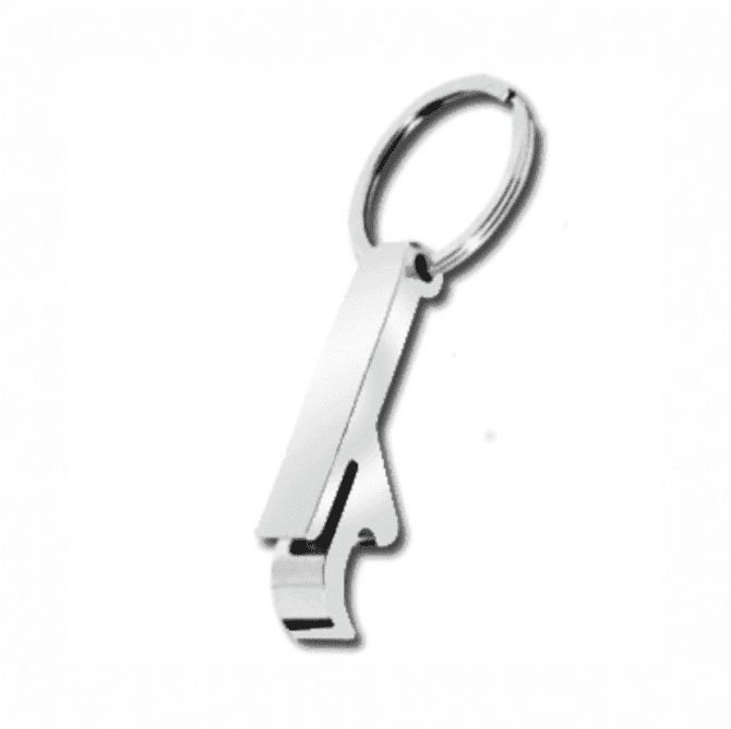 A drink bottle opener keyring in silver with a sleek, modern design and a keyring attachment.
