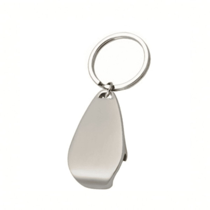 A bottle opener keyring in a sleek silver colour, featuring a rounded design and a metal keyring attachment.