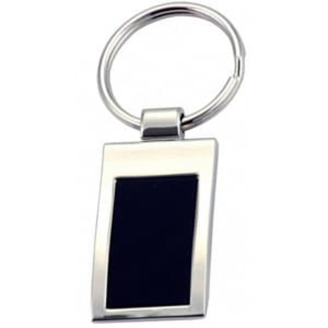 A keyring featuring a rectangular silver frame with a black insert. It has a circular keyring attachment.