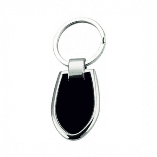 A keyring with a silver metal finish and a black oval-shaped pendant. It features a simple design.