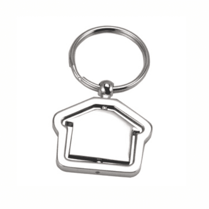 A keyring in the shape of a house, featuring a silver metallic finish and a circular attachment.