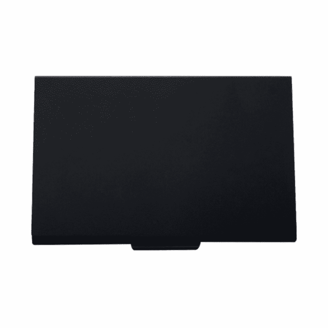 A sleek black cardholder with a textured surface and a sliding opening mechanism. It features a subtle logo.
