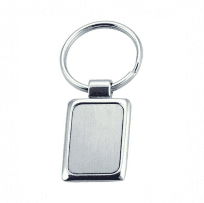 A keyring featuring a rectangular metal pendant with a polished silver finish.