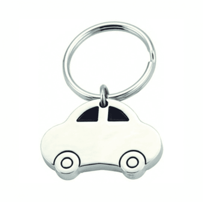 A keyring featuring a silver car design with black details. The keyring includes a metal loop for attachment.