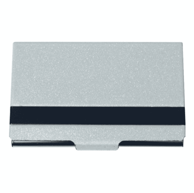 A business card holder in silver with a black stripe, featuring a logo on the front.