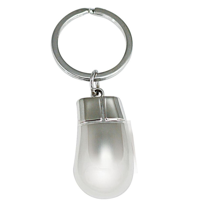 A keyring featuring a metallic silver capsule design with a smooth, reflective white body. A keyring featuring a metallic silver capsule design with a smooth, reflective white body.