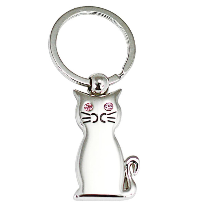 A silver keyring featuring a stylised cat design with pink accents on its eyes. A silver keyring featuring a stylised cat design with pink accents on its eyes.