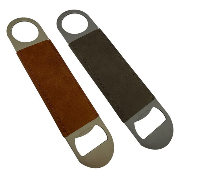 Two bottle openers with leather-like handles in tan and grey, featuring metal ends and a circular hole for hanging.