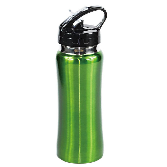 A drink bottle in shiny green metal with a black lid and a logo on the side.