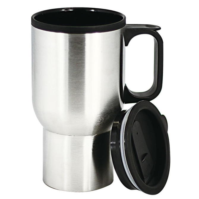 A stainless steel coffee mug with a black handle and lid. It features a sleek, modern design and has a logo.