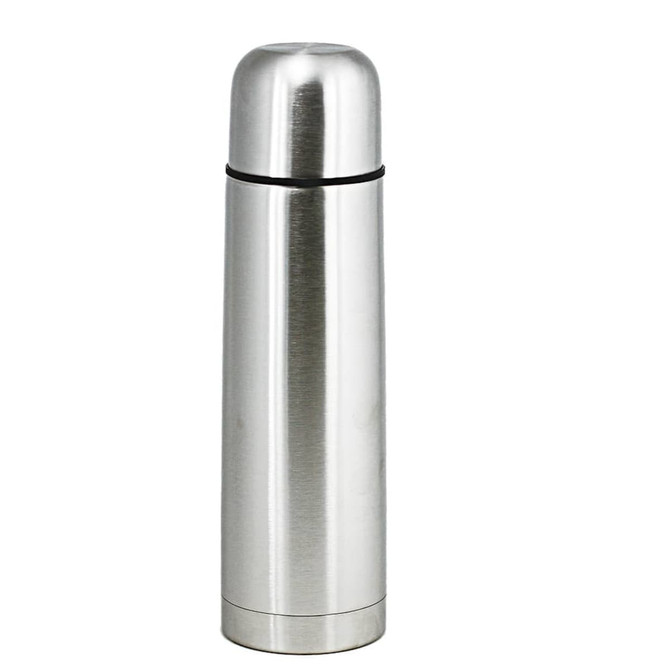 A drink bottle in a sleek stainless steel design with a rounded cap and a polished finish.