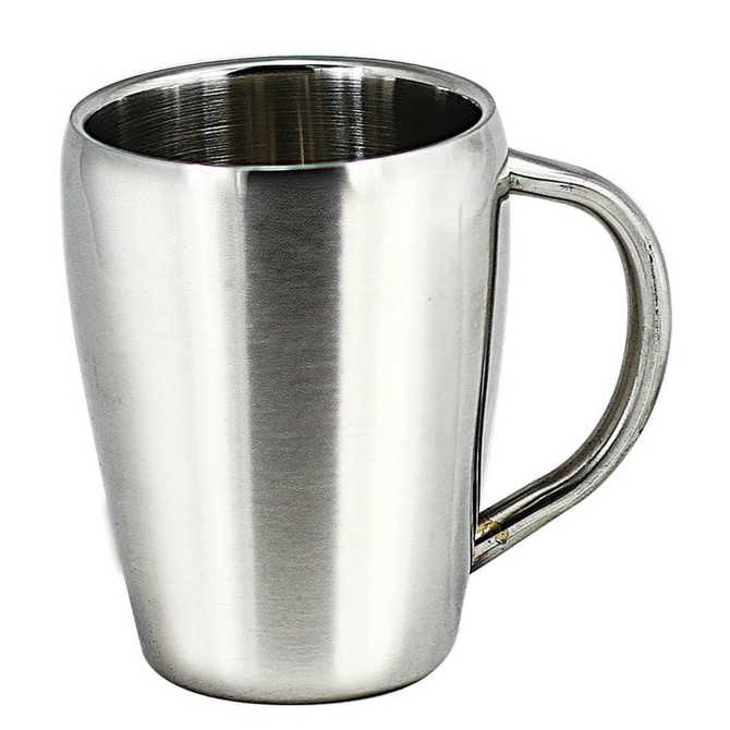 A stainless steel coffee mug with a sleek design and a sturdy handle, featuring a polished finish.