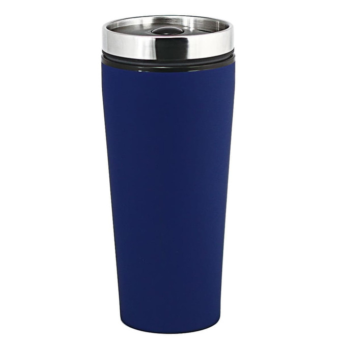 A drink bottle with a sleek navy blue exterior and a silver lid, featuring a logo. Suitable for hot or cold beverages.