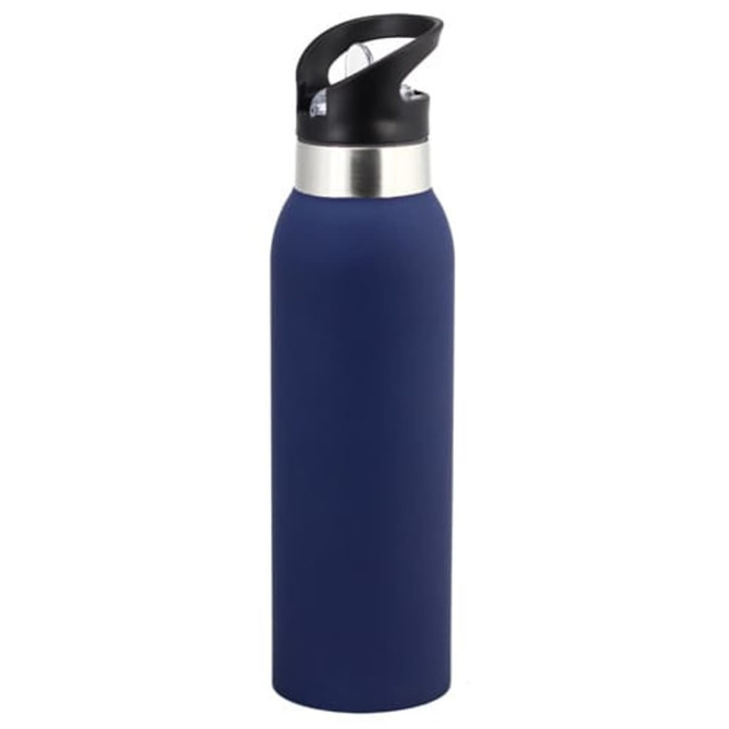 A drink bottle in navy blue with a stainless steel base and a black plastic lid featuring a handle.