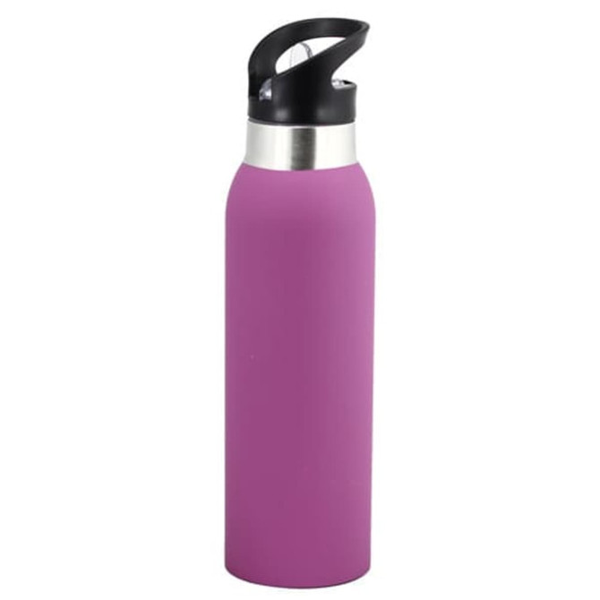 A drink bottle in a vibrant purple colour with a stainless steel top and a black lid. Features a logo.