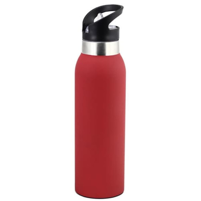 A drink bottle in a red matte finish with a stainless steel band and a black spout lid.