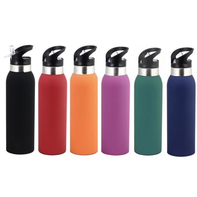 A drink bottle collection featuring six bottles in black, red, orange, purple, green, and blue, each with a spout and metallic accents.