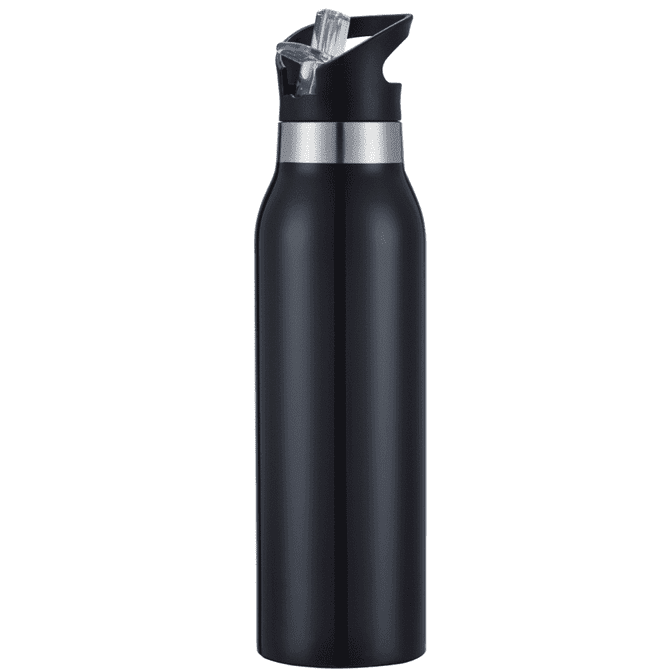 A drink bottle in black with a silver band and a flip-top straw, featuring a logo on the body.