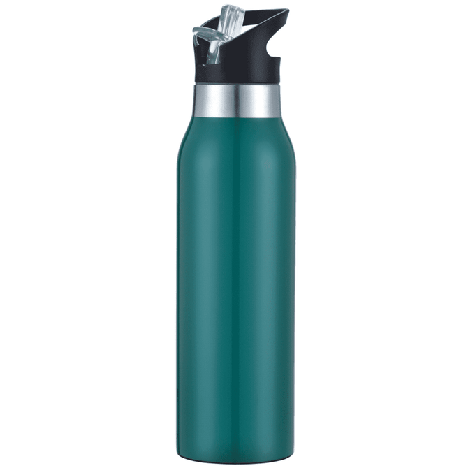 A drink bottle in a teal colour with a black lid and a flip straw, featuring a branding logo.