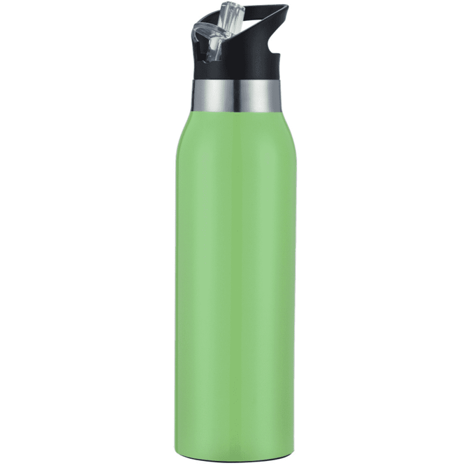 A drink bottle in bright green with a black lid featuring a straw and a silver band.