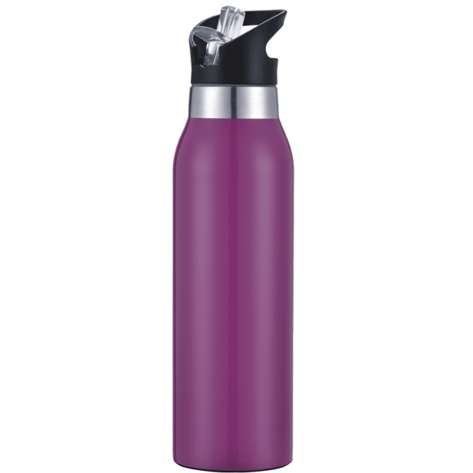 A drink bottle in a vibrant purple colour with a black spout and a silver detail at the top. There is a logo on the bottle.