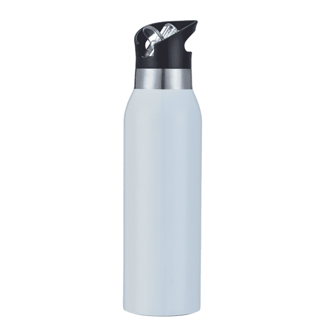A drink bottle in white with a black lid and a silver accent, featuring a logo on the body.