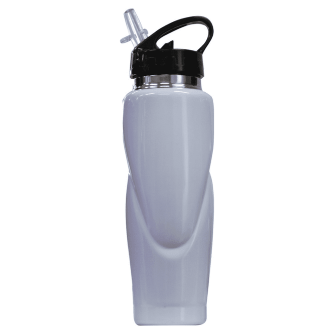 A drink bottle in white with a black lid and straw, featuring a contoured design and branding.