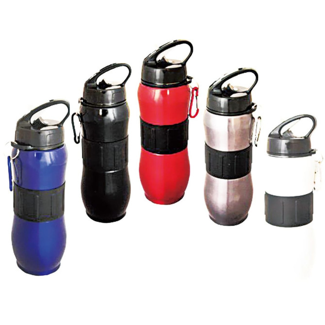 A drink bottle collection in blue, black, red, silver, and white, featuring a carabiner and a branded logo.
