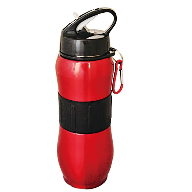 A drink bottle in red with a black lid and grip, featuring a carabiner for attachment.