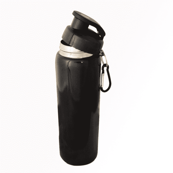 A drink bottle in shiny black with a spout lid and a clip attached.