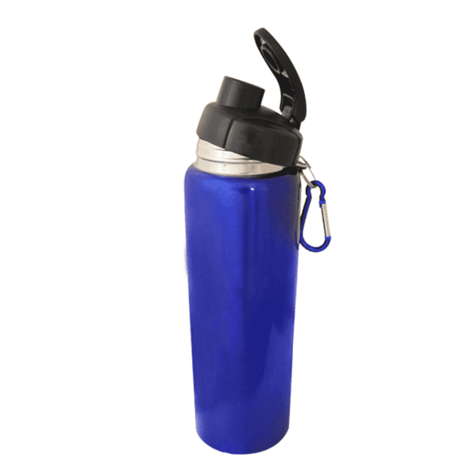 A drink bottle in bright blue with a black lid and a keychain clip. It features a branding logo.