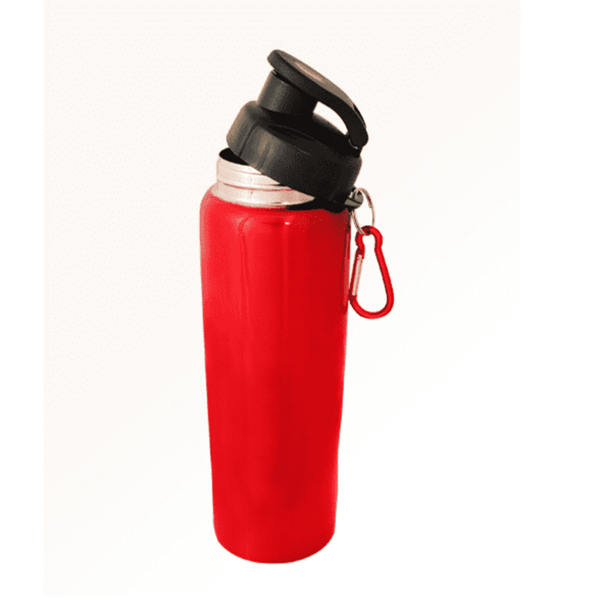 A drink bottle in a vibrant red colour with a black lid and a carabiner attachment. Features a logo.