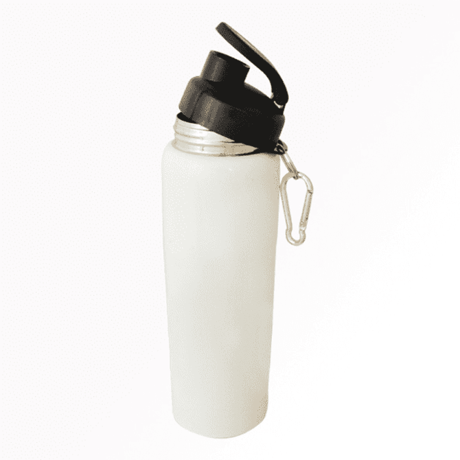 A drink bottle in white with a black lid and spout, featuring a carabiner for easy attachment.
