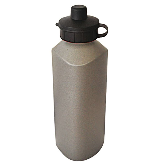 A drink bottle in a matte grey finish with a black cap and handle, featuring a logo.