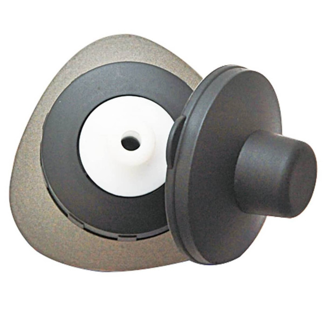 A drink bottle cap with a black and white design, featuring a rounded top and a triangular base.