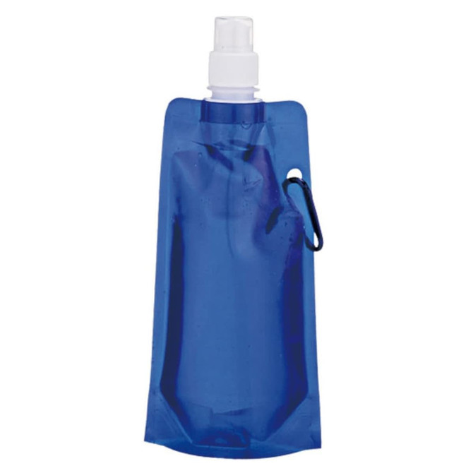 A drink bottle in a vibrant blue colour with a spray nozzle and a loop for attachment. It features branding.