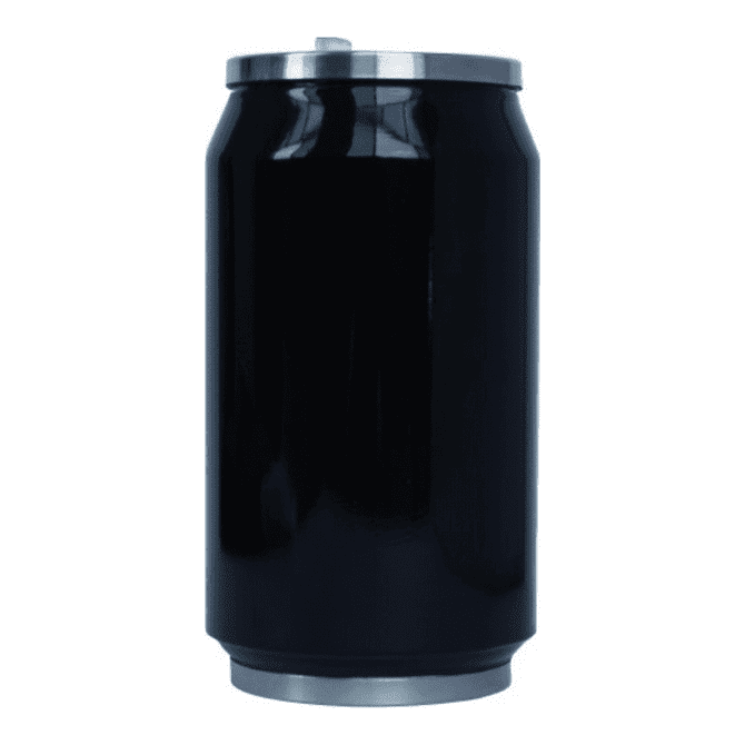 A drink bottle in a sleek black finish with a metallic silver trim at the top. It has a smooth, shiny surface.