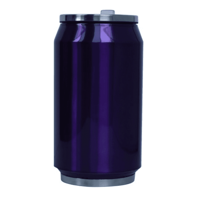 A drink bottle designed to resemble a can, featuring a shiny purple finish with a metallic silver base and cap.
