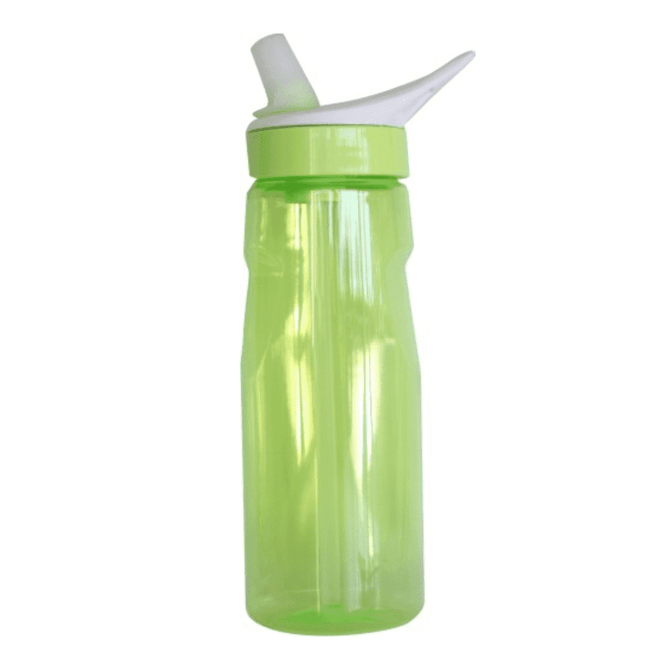 A drink bottle in a bright green hue with a white spout and a fitted lid, featuring a logo.