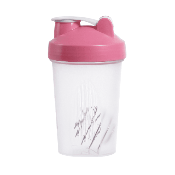 A drink bottle in pink with a transparent body and a white lid, featuring a logo on the side.