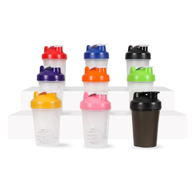 A drink bottle collection featuring transparent shakers with colourful lids in blue, red, orange, purple, yellow, pink, and black.
