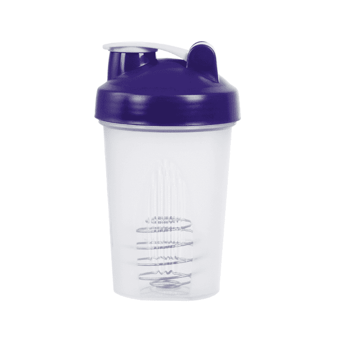 A drink bottle with a clear body and a purple lid, featuring a wire whisk ball inside and a logo.