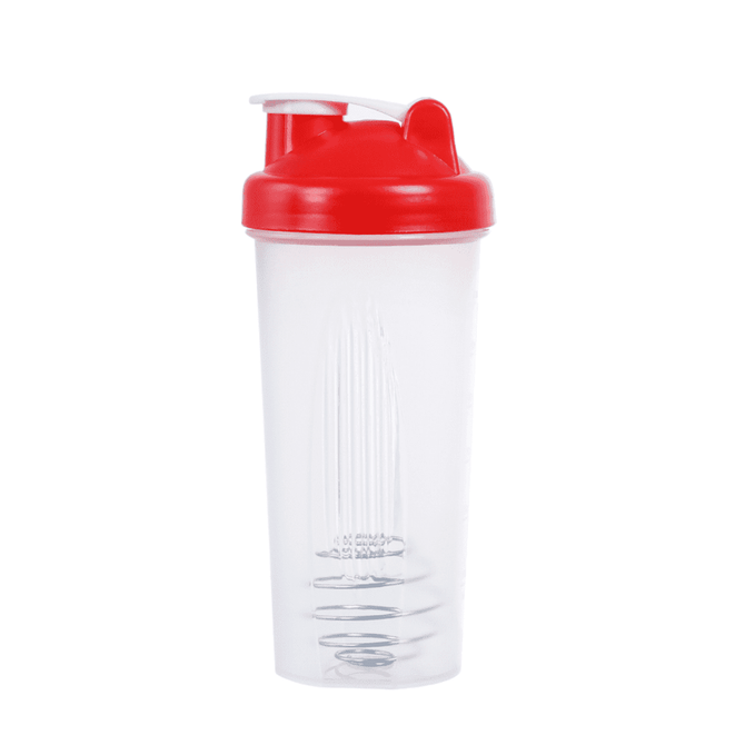 A drink bottle with a transparent body and a red lid, featuring a built-in mixing ball.