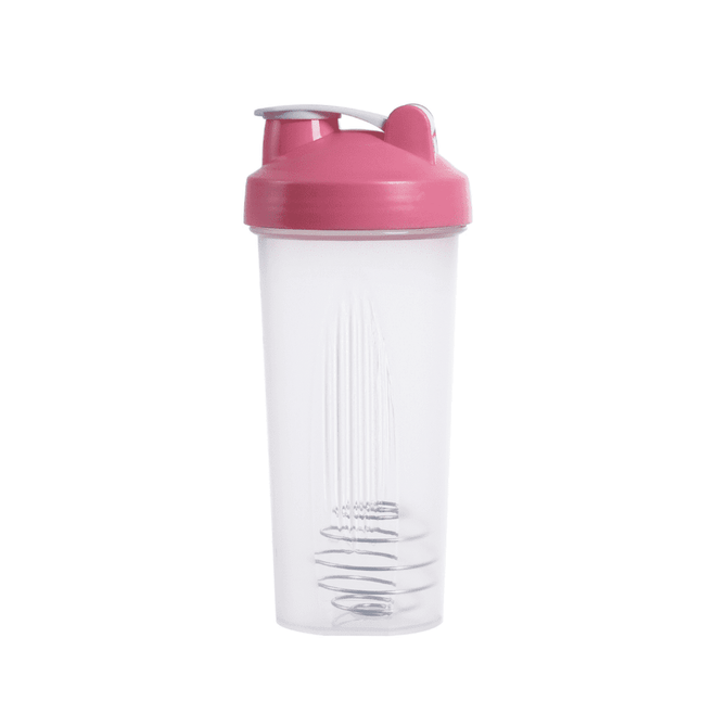 A drink bottle with a transparent body and a pink lid, featuring a mixer ball inside.