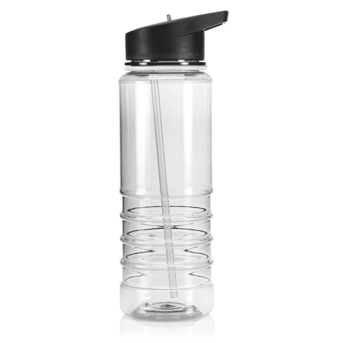 A drink bottle made of clear plastic with a black lid and a built-in straw. It features a ribbed design.