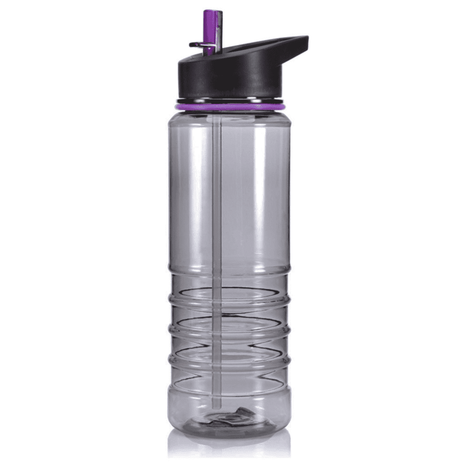 A drink bottle in clear plastic with a black lid and a purple ring, featuring a straw and a textured grip.